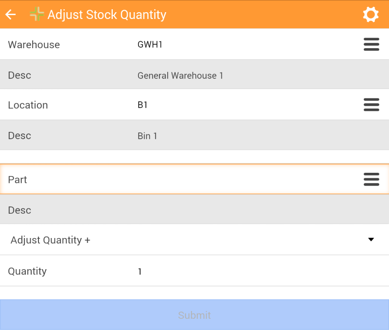 adjust stock part quantity screen