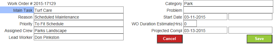 Work Order fields