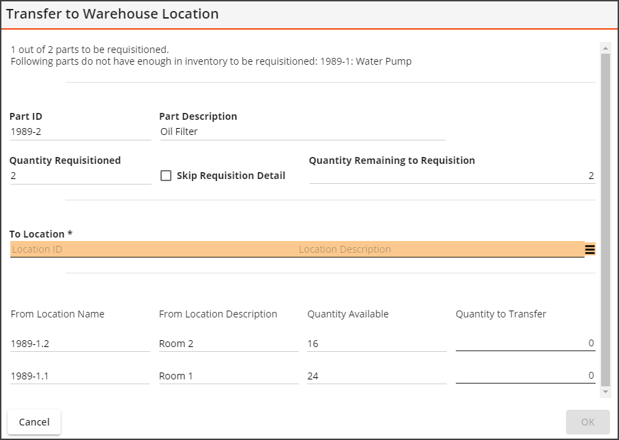 transfer parts to warehouse location