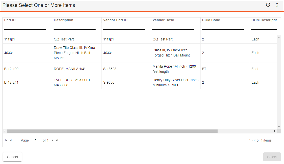 purchase order parts add mult items tk screenshot