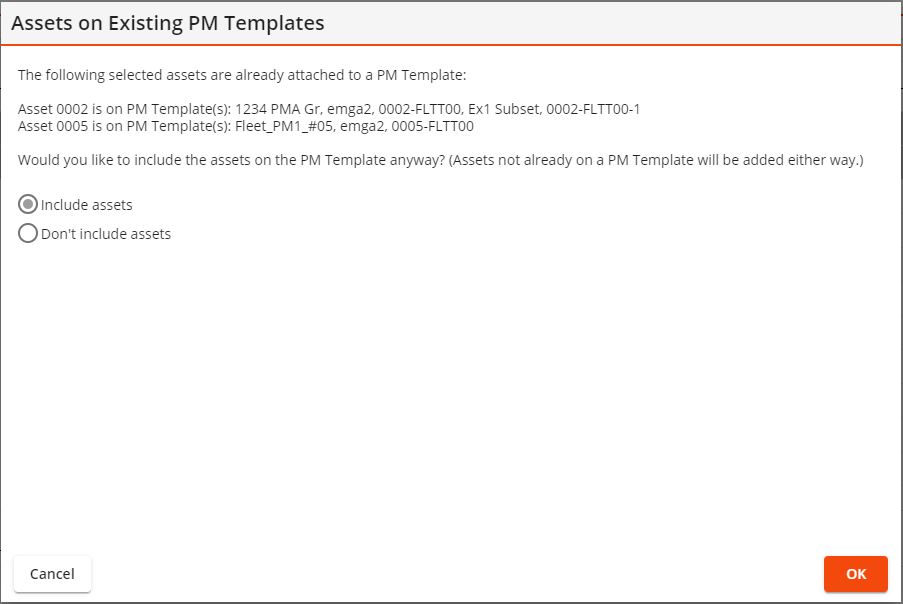 asset on existing pm template warning