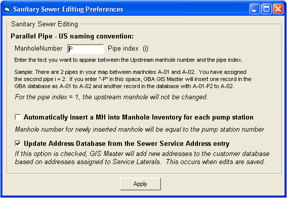 Sewer Editing Options
